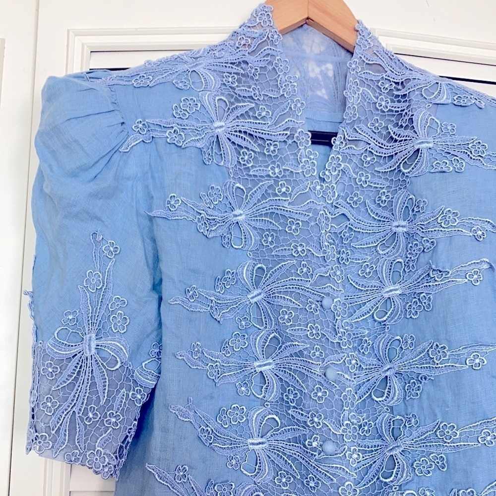 Capriccio By Digna Neiman Marcus vtg linen crochet blouse sz 8 Made in USA